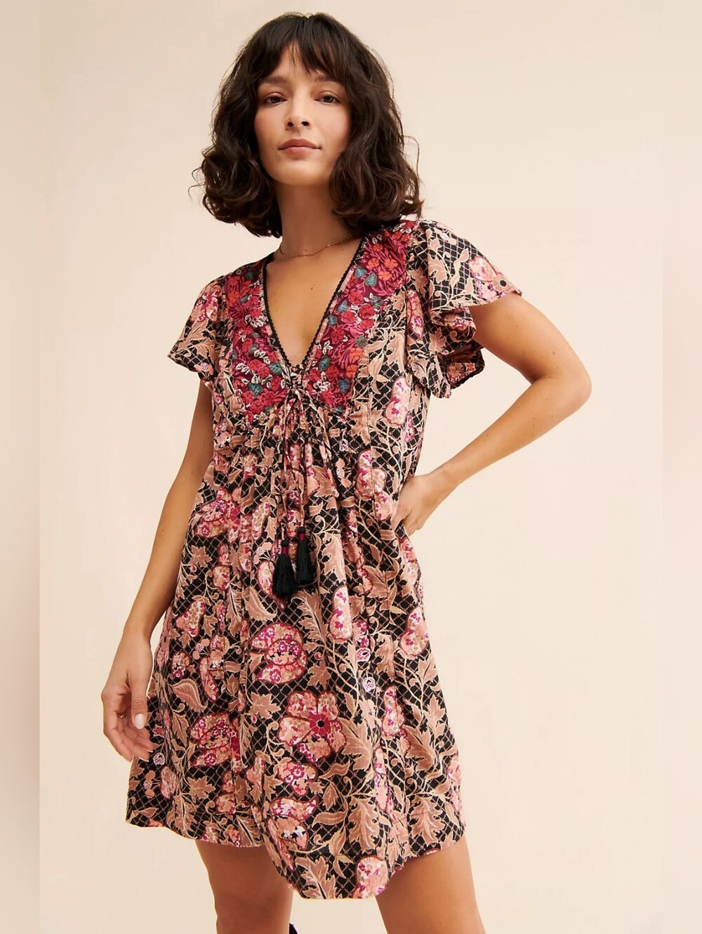 Anthropologie Ruffled Floral Mini Dress Pink Black Boho Tunic Dress